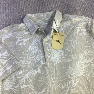 Tommy Bahama Mens Abalone Hawaiian Floral Polo Shirt Beige White Size L NWT